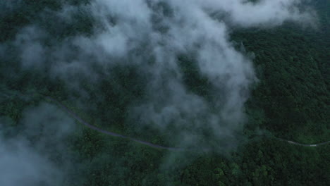 Aerial-shot-over-a-forest-through-and-above-the-clouds