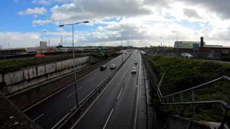 Time-lapse,-of-the-A50,-A500-dual-carriage-way,-motorway-near-the-Stoke-on-Trent-City-centre,-the-main-carriageway-in-the-midlands,-busy-commuter,-logistical-throughway-for-lorries-and-all-transport