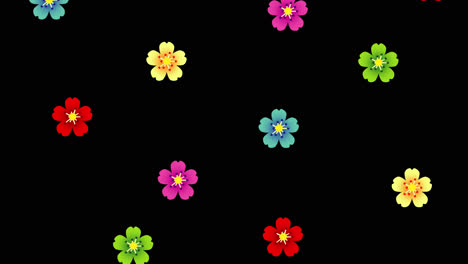Flacher-Stil-Der-Animationskarikatur-Von-Rosa,-Grünen,-Blauen,-Roten-Und-Gelben-Blumen,-Die-Von-Oben-Fallen-Und-Auf-Der-Unterseite-Verschwinden