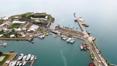 Aerial-view-of-tropical-island-harbour-with-prison-looking-stone-fort