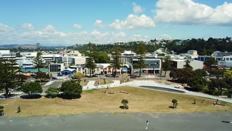 Drone-view-of-Napier-Beach-and-boulevard,-New-Zealand
