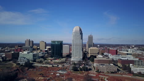 Aerial-flying-toward-downtown-Winston-Salem-North-Carolina
