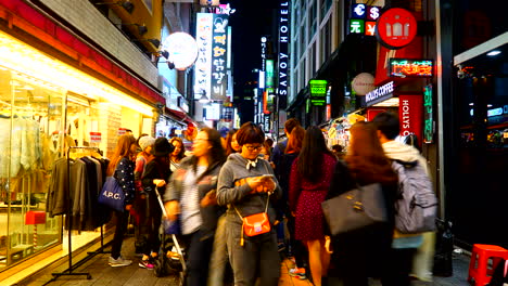 Seoul-South-Korea---CircaTime-lapse-of-the-crowds-moving-along-the-narrow-alleys-through-shops-and-stalls-in-the-Myeongdong-Market-Seoul,-South-Korea