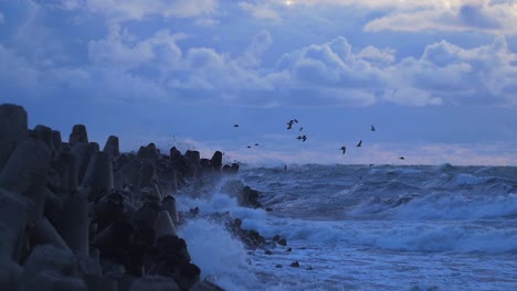 Big-stormy-waves-breaking-against-Northern-Pier-wave-breakers-at-Liepaja,-overcast-evening,-seagulls-drifting-in-the-high-wind,-slow-motion-wide-shot