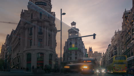 Zeitraffer-Der-Straße-Gran-Via-In-Madrid,-Spanien