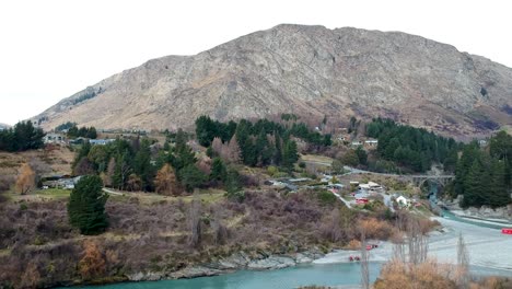 aerial-shot-of-Queenstown-hill-from-Skippers-canyon-and-Shotover-River-in-Queenstown,-Central-Otago,-New-Zealand