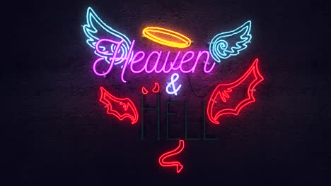 Realistic-3D-render-of-a-vivid-and-vibrant-flashing-animated-neon-sign,-with-the-words-Heaven---Hell-flashing-alternately,-with-a-concrete-wall-background