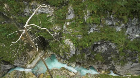 Overhead-shot-of-river-canyon-with-crystal-clear-water-flowing