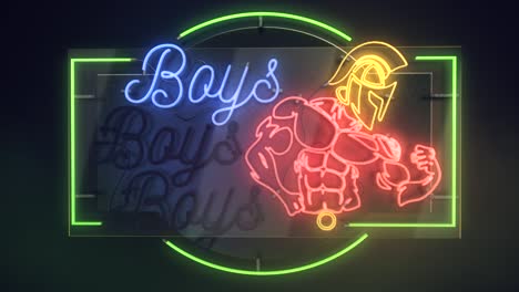 Realistic-3D-render-of-a-vivid-and-vibrant-animated-flashing-neon-sign-for-an-adult-club-depicting-the-words-Boys-Boys-Boys,-with-a-plain-background