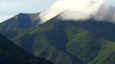 Nubes-Sobre-Montañas-Cubiertas-De-Bosques-De-Pinos,-Pirineos,-España---Zoom