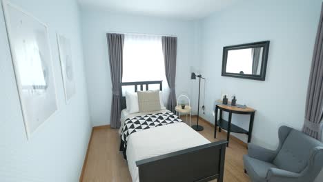Gemütliches-Schwarz-weißes-Schlafzimmer-Mit-Einzelbett,-Dekoriert-Mit-Stilvollen-Möbeln