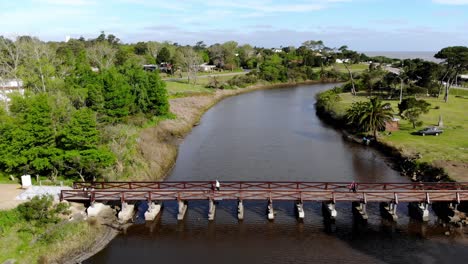 Aerial-video-of-the-river,-advancing-through-the-afforestation-until-reaching-the-bridge-on-a-sunny-day