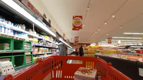 Grocery-shopping-in-supermarket-with-shopping-cart,-POV-shot