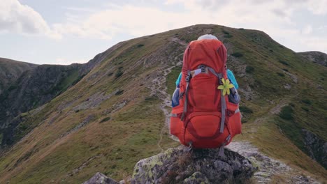 Young-woman-backpacker-sitting-and-enjoying-mountain-scenery