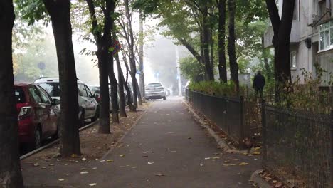 Bucharest,-Romania---October-:-Walking-on-the-foggy-street-of-Bucharest,-walk-on-the-alley-in-the-morning,-autumn-season