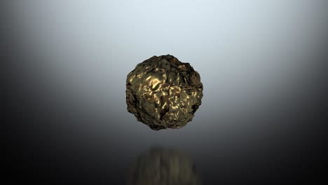 Ball-of-molten-or-melted-gold-hovering-over-a-reflective-surface---realistic-animation-with-copy-space