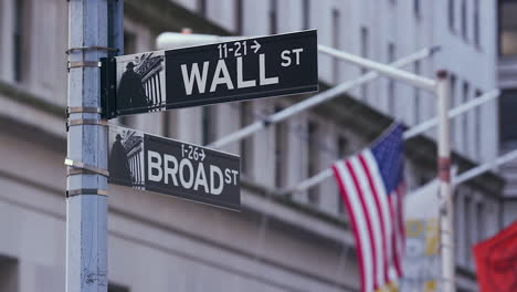 Wall-Street-Und-Broad-Street-Straßenschilder-Im-Finanzviertel-Mit-Einer-Amerikanischen-Flagge-Im-Hintergrund
