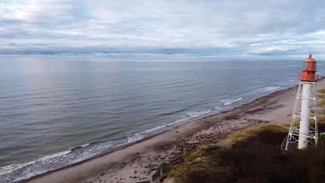 Aerial-view-of-white-painted-steel-lighthouse-located-in-Pape,-Latvia-at-Baltic-sea-coastline-in-cloudy-day,-wide-angle-establishing-drone-shot-moving-backwards