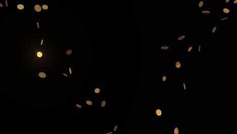 Leuchtende-Goldmünzen,-Die-Aus-Zwei-Oberen-Ecken-Der-3D-Animation-Des-Rahmens-Auf-Einen-Schwarzen-Hintergrund-Fallen