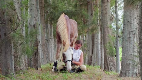 Horse-and-woman-relationship,-cuddle-in-the-wood