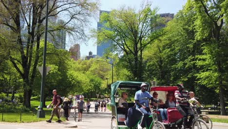 People-enjoy-the-Central-Park-in-NYC-on-a-sunny-day,-tourists-ride-rickshaws