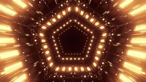 Immersing-into-illuminated-yellow-shape-lights-formed-into-pentagons,-making-a-light-tunnel
