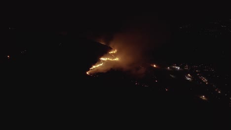 Forest-Fire-in-Background,-Aerial-pullback-in-dark-night-scene