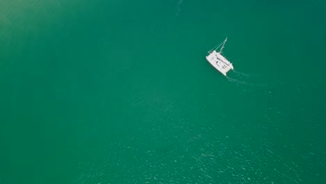 Catamaran-makes-tight-turn-to-starboard-in-vivid-green-lagoon-aerial