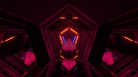 VJ-Loop---3D-Red-Heart-Rolling-Along-a-Hi-Tech,-Reflective-Pentagonal-Tunnel