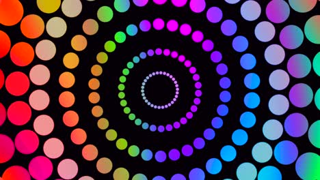Abstrakte-Aufnahme-Von-Mehrfarbigen-Punkten,-Die-Sich-Im-Kreis-Auf-Schwarzem-Hintergrund-Drehen,-Animation
