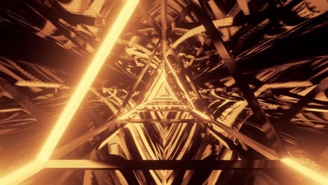 Motion-graphics-of-immersing-through-highly-reflective,-bright-golden-prism-shape-tunnel
