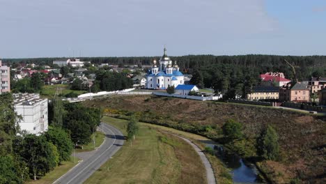 Aerial-View-of-a-Church-in-a-Small-Town-in-Ukraine