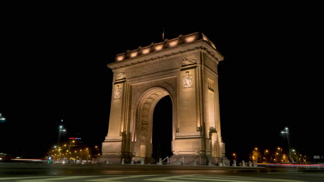 Bucharest-night-time-lapse,-Arch-of-triumph,-Romania