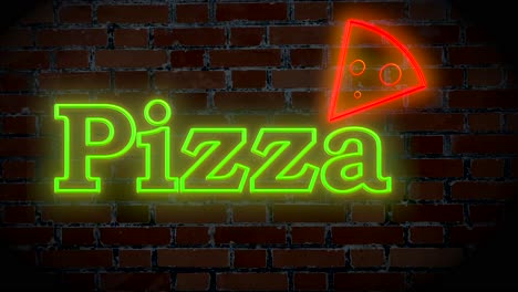 Illuminated-green-pizza-neon-text-sign-entrance-with-brick-wall-in-background