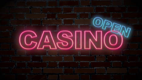 Beleuchtetes-Casino-Open-Neonschild-Mit-Backsteinmauer-Im-Hintergrund,-Computeranimation