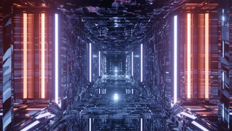Motion-graphics-sci-fi:-travel-inside-futuristic-long-purple-psychedelic-speckled-mirrored-glass-square-tunnel-with-tiled-floor,-ceiling-and-walls-towards-bright-white-blinking-lights