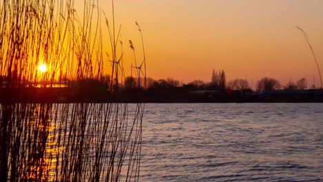 Zeitraffer-Eines-Sonnenuntergangs-Am-Fluss-Mit-Windmühlen-Im-Hintergrund