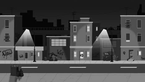 2D-animation,-suburban-street-full-of-garbage-and-graffiti,-the-streetlights-blink,-empty-street