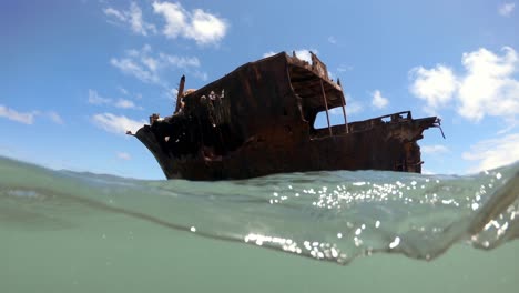 Shipwreck-of-Meisho-Maru-small-fishing-vessel-from-Japan-at-Cape-Agulhas-southernmost-tip-of-South-Africa,-Low-water-surface-shot
