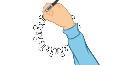 Coronavirus-Symbol-Handgezeichnetes-Doodle-In-Schwarz-weißem-Whiteboard,-Gefüllt-Mit-Dynamischer-Cartoon-Animation
