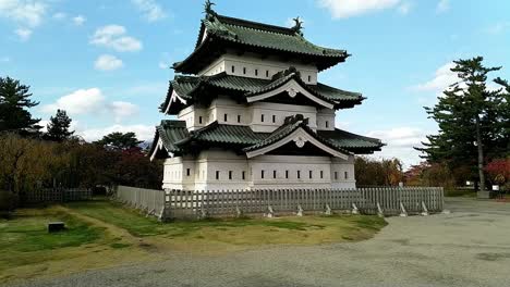 Wide-angle-dolly-out-of-the-castle-at-Hirosaki,-Aomori,-Japan