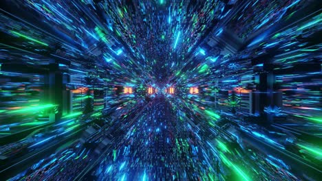 Fast-motion-graphics-sci-fi-purple,-green,-teal-and-orange-space-tunnel-with-glowing-neon-particles