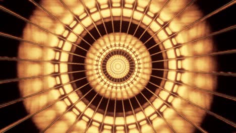 Computerized-animation-of-burning-golden-central-circle,-revolving-and-popping-out
