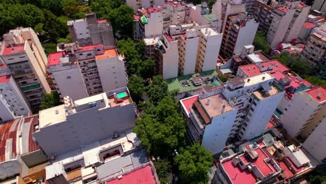 Aerial-Topdown-view-along-Residential-neighborhood-of-Almagro,-Colorful-rooftops