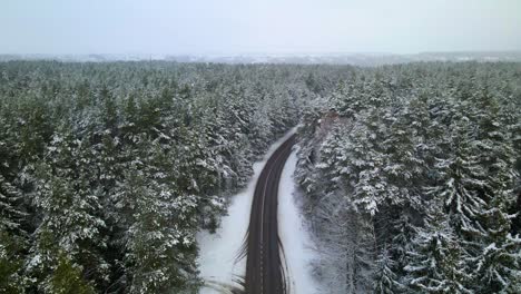 drone-shot-of-the-narrow-asphalt-road-surrounded-by-snow-covered-forest-pine-trees-on-a-cloudy-frosty-winter-day