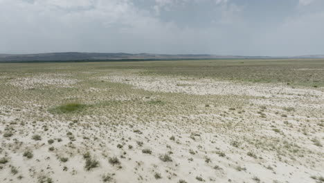 Flat-arid-sandy-steppe-plain-with-grass-turfs-in-Vashlovani,-Georgia