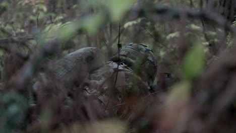 Soldier-lying-down,-stalking-in-the-forest,-midshot-behind,-slow-motion