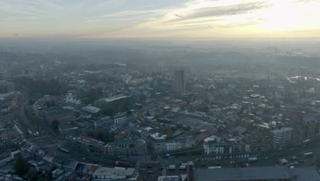 Aerial-view-of-Tongeren-City-during-a-Winter-Sunrise