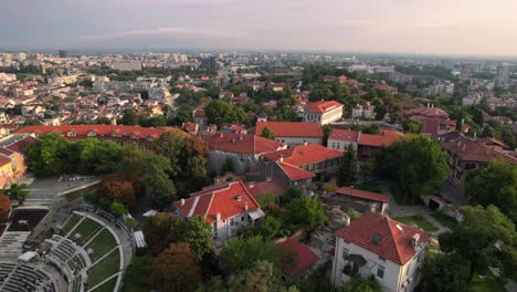 -Roman-theatre-of-Philippopolis-in-Plovdiv-old-town,-Bulgaria,-aerial-drone-view