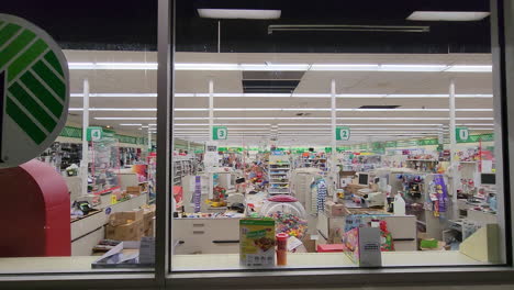 Supermarket-store-Ransacked-by-people-during-Deadly-Snowstorm,-Dolly-shot